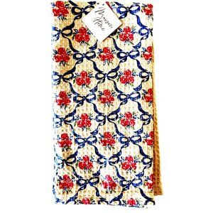 NEW Set 2 Kitchen Towels BLUE BOWS & ROSES Maison Home 100% Cotton Blue & White